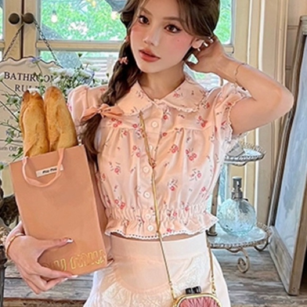 Japanese Kawaii Pastel Pink Floral Ruffle Princess Sleeves Lace Crop Top Blouse